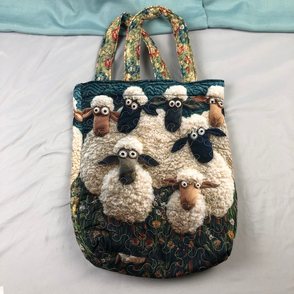 Quilted Sheep Tote Bag 3D Look Fleece Googly Eyes Floral Meadow Shawn the Sheep